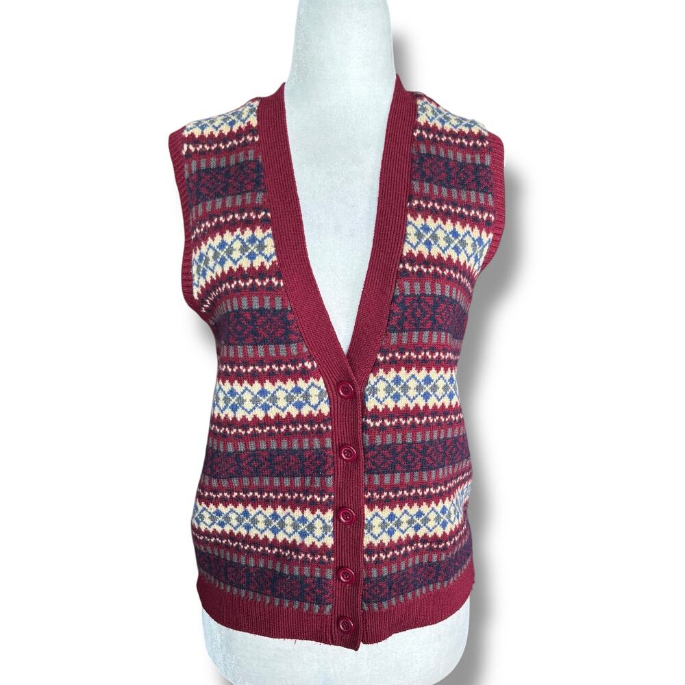 Vintage Talbots Fair Isle Wool Sweater Vest Burgundy Button Front Petite Preppy - Picture 11 of 11